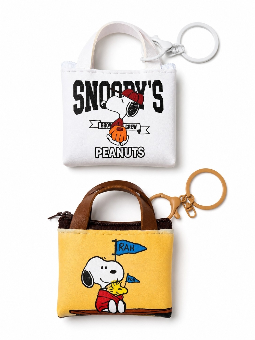 2PK Snoopy Mini Tote Keychain Coin Purse Style Faux Leather Bag Charms - Picture 1 of 4